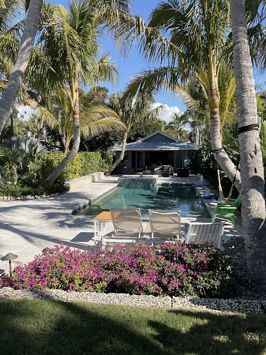 Pool terrace of a coastal estate with poolhouse, lounge seating, palms and a magenta bougainvillea bed.